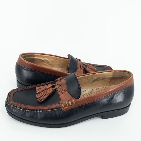 San Remo Italy Alex Two-Tone Tassel Loafers Mens 10M Black Brown Leather Slip - Picture 1 of 7